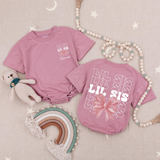 Custom Lil Sis Pink Bow Romper, Personalized Charlotte Baby Girl Outfit, Little Sister Bubble Romper Newborn Gift, Girly Babysuit