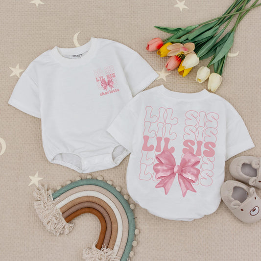 Custom Lil Sis Pink Bow Romper, Personalized Charlotte Baby Girl Outfit, Little Sister Bubble Romper Newborn Gift, Girly Babysuit