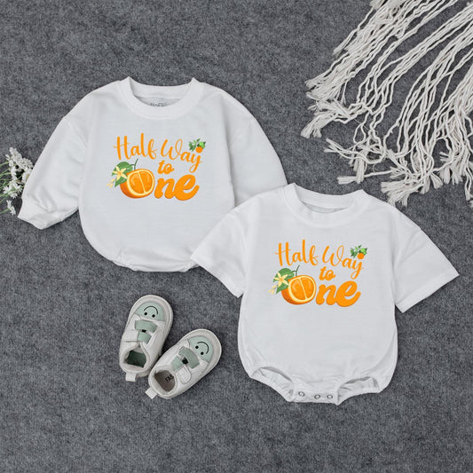 Halfway to One Baby Outfit - Orange Cursive 6 Month Birthday Romper with Cute Fruit Print for Baby Girl or Boy