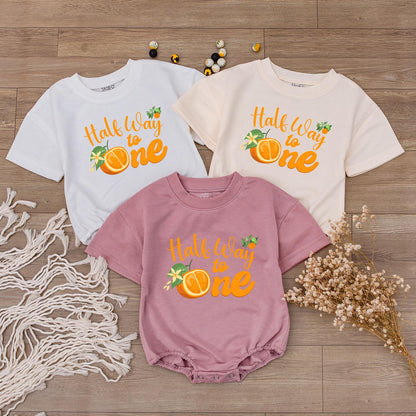Halfway to One Baby Outfit - Orange Cursive 6 Month Birthday Romper with Cute Fruit Print for Baby Girl or Boy