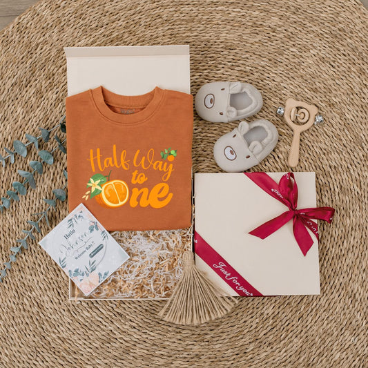 Halfway to One Baby Outfit - Orange Cursive 6 Month Birthday Romper with Cute Fruit Print for Baby Girl or Boy