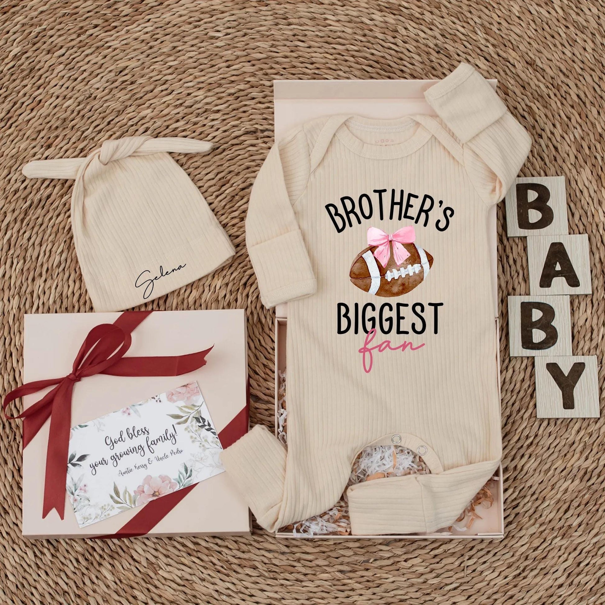 Brother's Biggest Fan Football Baby Bodysuit, Pink Bow Newborn Outfit, Little Sister Gift, Custom Football Romper, Baby Shower Gift