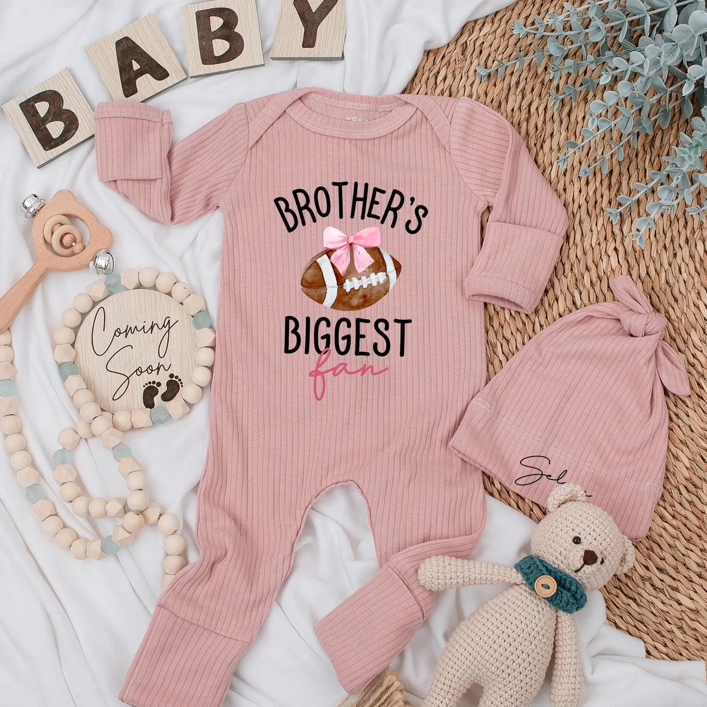 Brother's Biggest Fan Football Baby Bodysuit, Pink Bow Newborn Outfit, Little Sister Gift, Custom Football Romper, Baby Shower Gift
