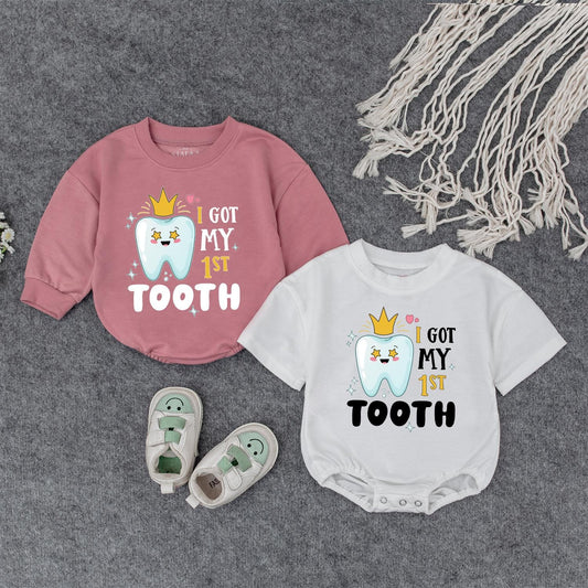 My First Tooth Outfit! Crowned Tooth Baby Bodysuit – I Got My 1st Tooth Celebration Romper, Cute Milestone Gift for Boy or Girl, Sparkling Star Design, Party Clothes (139 chars)