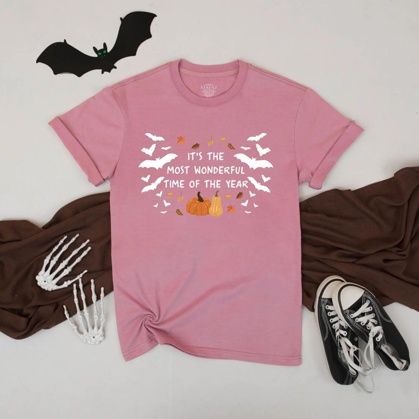 It’s The Most Wonderful Time of The Year Halloween Bat Pumpkin Fall Autumn Leaves Festive Spooky Season Graphic Tee Unisex
