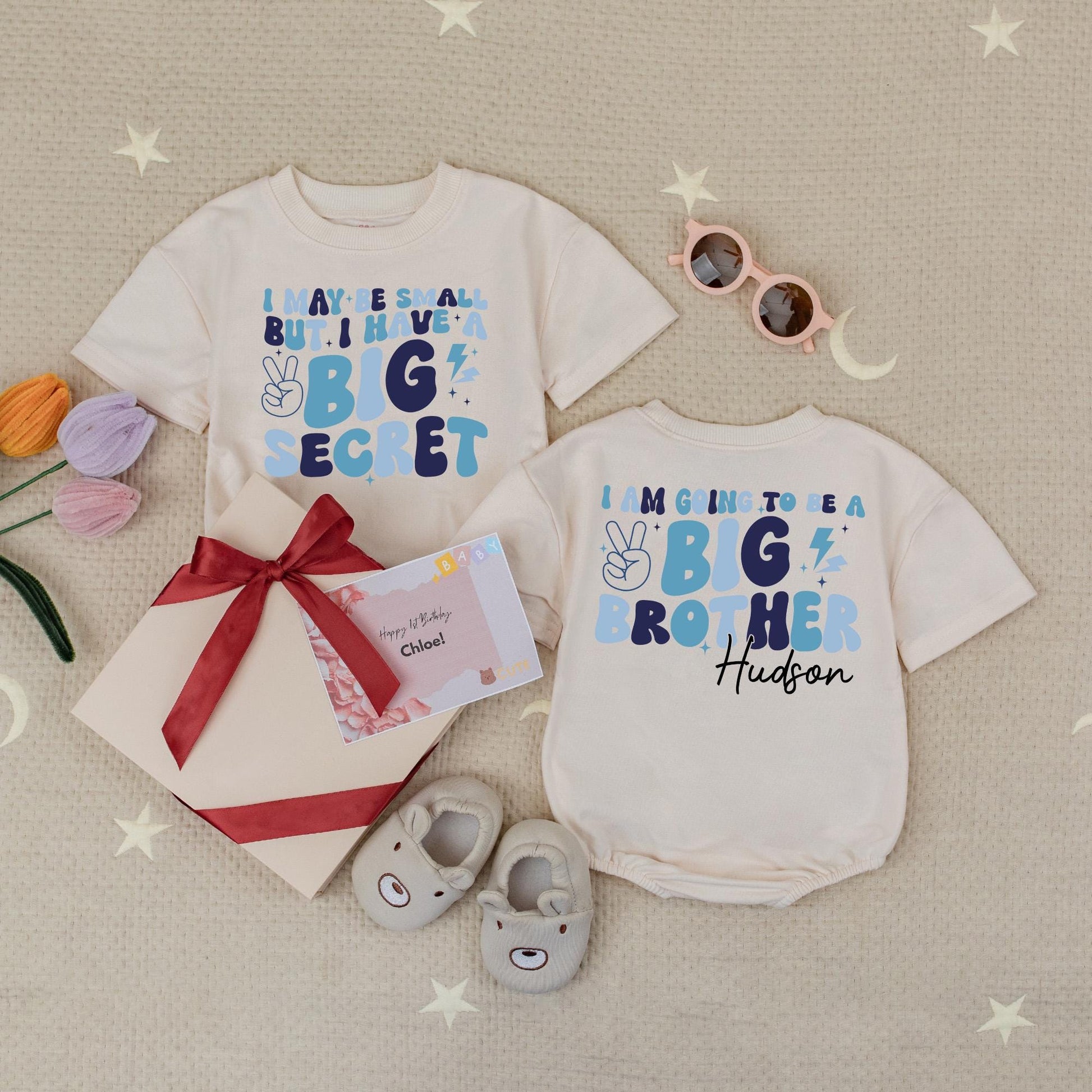 Custom Hudson Big Brother Romper Baby Reveal Peace Sign Stars Lightning Blue Modern Playful I Have A Big Secret