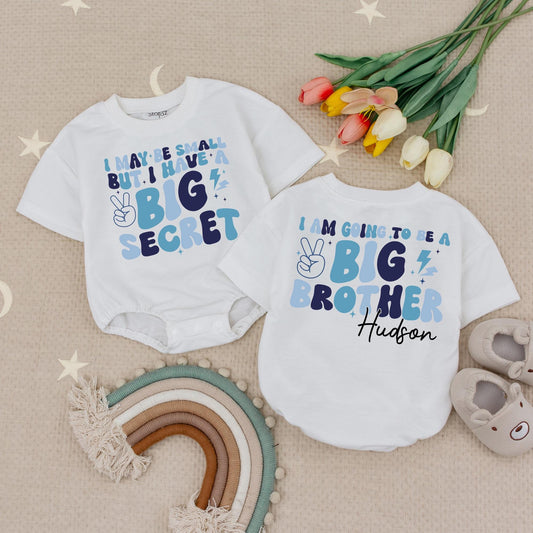 Custom Hudson Big Brother Romper Baby Reveal Peace Sign Stars Lightning Blue Modern Playful I Have A Big Secret