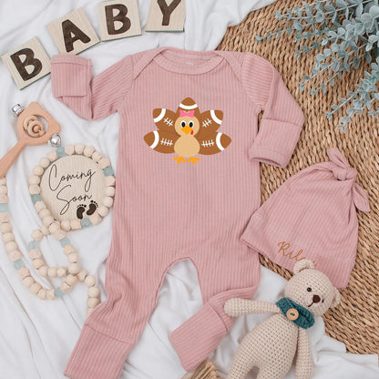 Cute Turkey Football Feather Thanksgiving Baby Bodysuit Outfit, Newborn Girl Clothes, Funny Fall Romper, Baby Shower Gift, Little Turkey First Outfit (139 chars)