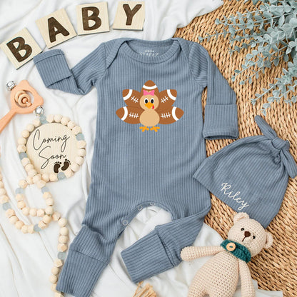 Cute Turkey Football Feather Thanksgiving Baby Bodysuit Outfit, Newborn Girl Clothes, Funny Fall Romper, Baby Shower Gift, Little Turkey First Outfit (139 chars)