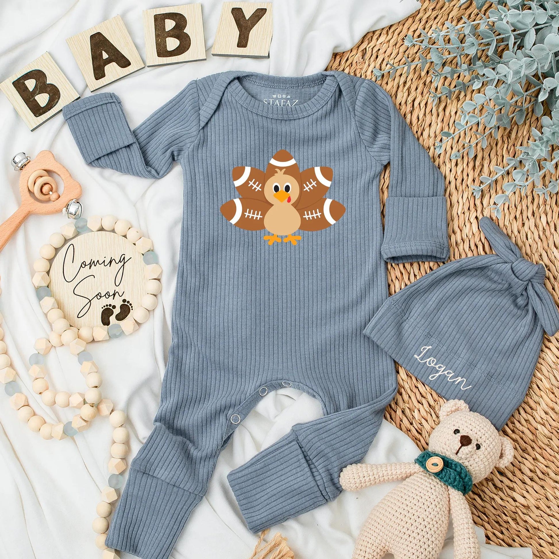 My First Thanksgiving Outfit Boy Turkey Football Bodysuit Cute Fall Romper Newborn Gift Playful Cartoon Turkey Day Outfit Baby Shower Coming Home (140)