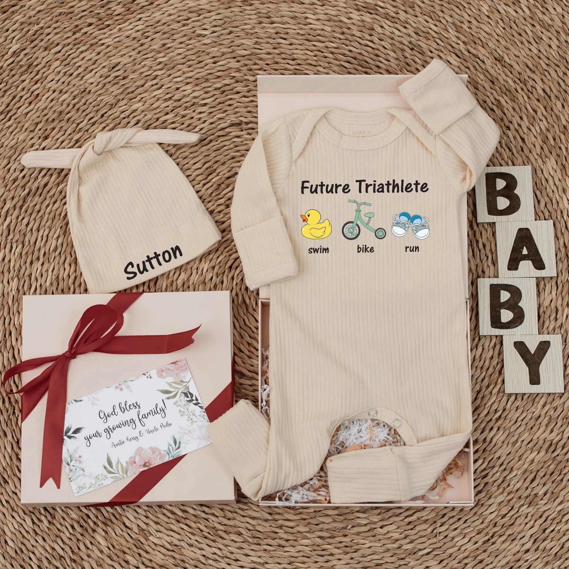 Future Triathlete Baby Bodysuit with Swim Bike Run Sports Design featuring Playful Colorful Duck Bike Shoe Artwork Newborn Athlete Gift