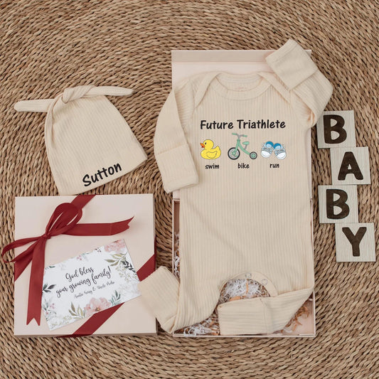 Future Triathlete Baby Bodysuit with Swim Bike Run Sports Design featuring Playful Colorful Duck Bike Shoe Artwork Newborn Athlete Gift