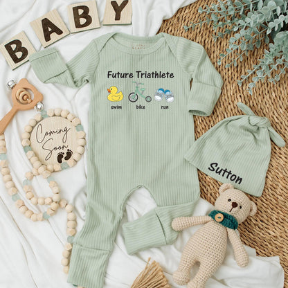 Future Triathlete Baby Bodysuit with Swim Bike Run Sports Design featuring Playful Colorful Duck Bike Shoe Artwork Newborn Athlete Gift