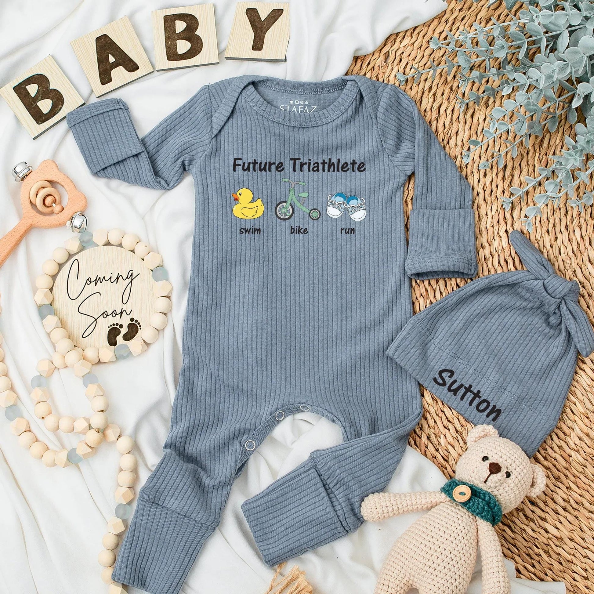Future Triathlete Baby Bodysuit with Swim Bike Run Sports Design featuring Playful Colorful Duck Bike Shoe Artwork Newborn Athlete Gift