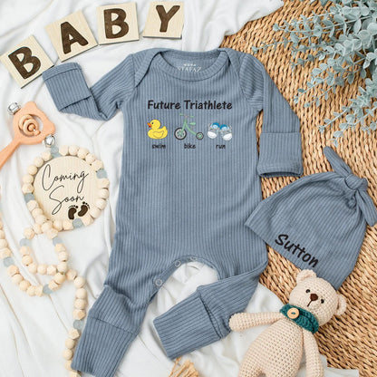 Future Triathlete Baby Bodysuit with Swim Bike Run Sports Design featuring Playful Colorful Duck Bike Shoe Artwork Newborn Athlete Gift
