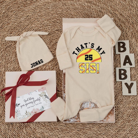 That's My Sis Baseball Baby Bodysuit - Custom Number 25 Sibling Outfit - Cute Baseball Fan Clothes - Newborn Sister Gift - Sporty Romper (138 chars)