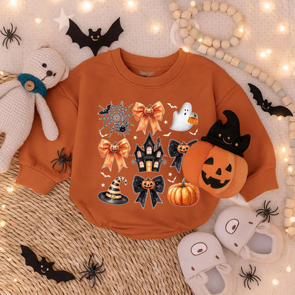 Preppy Halloween Bubble Romper for Baby Girls Ghost Pumpkin Costume Cute Toddler Outfit Fall Baby Clothes Spooky Gift