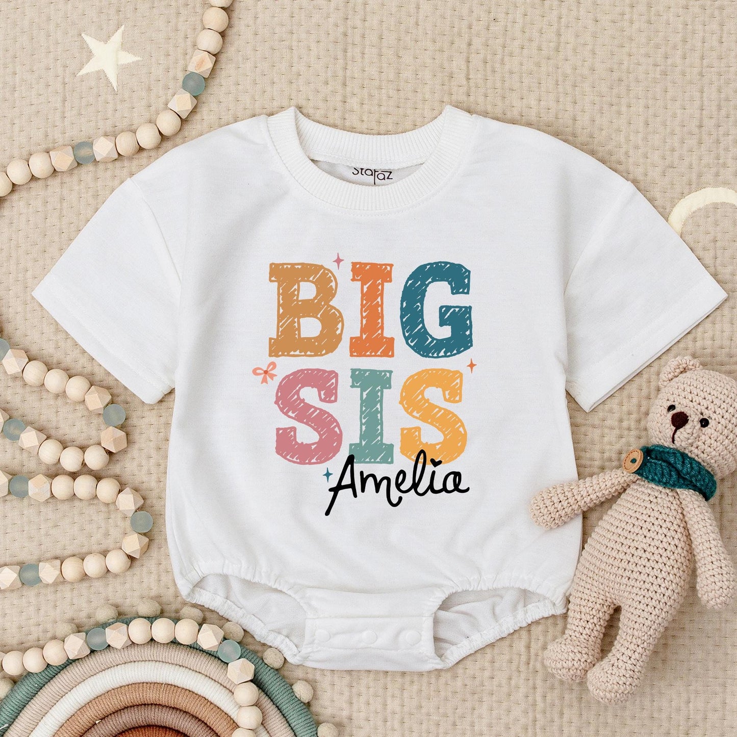 Personalized Big Sis Lil Bro Romper Set, Custom Name Sibling Babysuit, Matching Siblings Gift, Earthy Tones, Star Accents, Zig-Zag Details Hudson Amelia (139 chars)