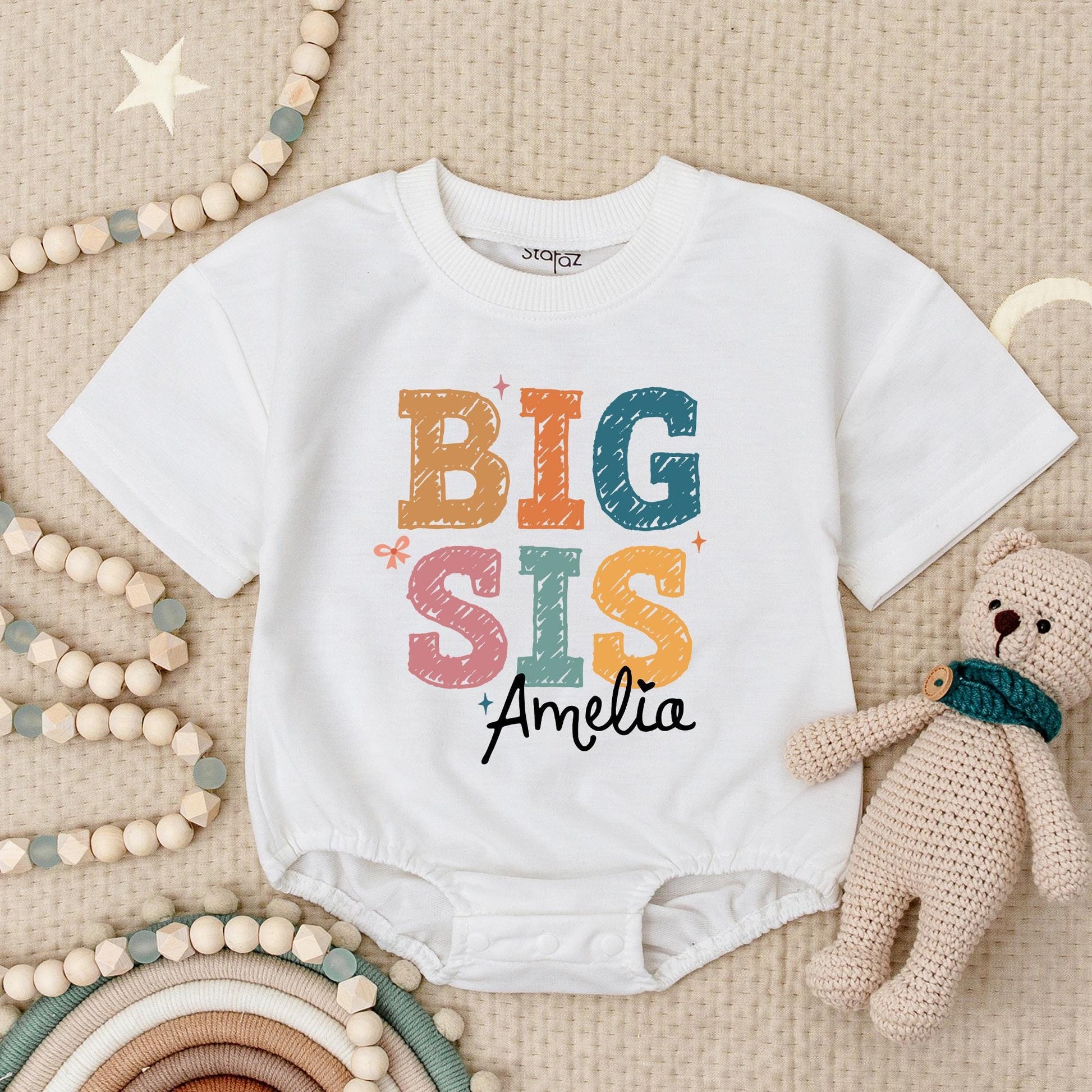 Personalized Big Sis Lil Bro Romper Set, Custom Name Sibling Babysuit, Matching Siblings Gift, Earthy Tones, Star Accents, Zig-Zag Details Hudson Amelia (139 chars)
