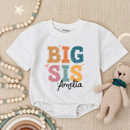 Personalized Big Sis Lil Bro Romper Set, Custom Name Sibling Babysuit, Matching Siblings Gift, Earthy Tones, Star Accents, Zig-Zag Details Hudson Amelia (139 chars)