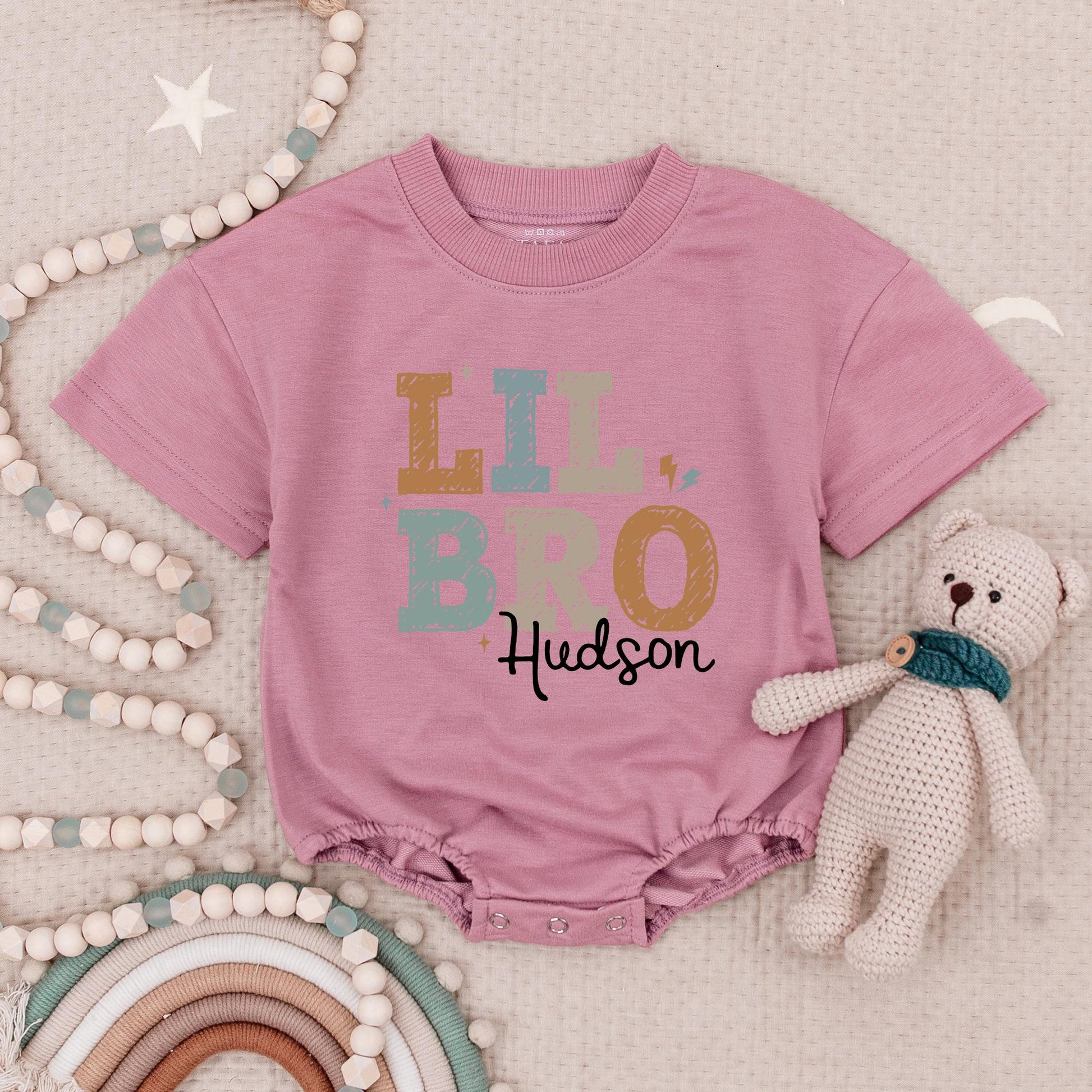 Personalized Big Sis Lil Bro Romper Set, Custom Name Sibling Babysuit, Matching Siblings Gift, Earthy Tones, Star Accents, Zig-Zag Details Hudson Amelia (139 chars)
