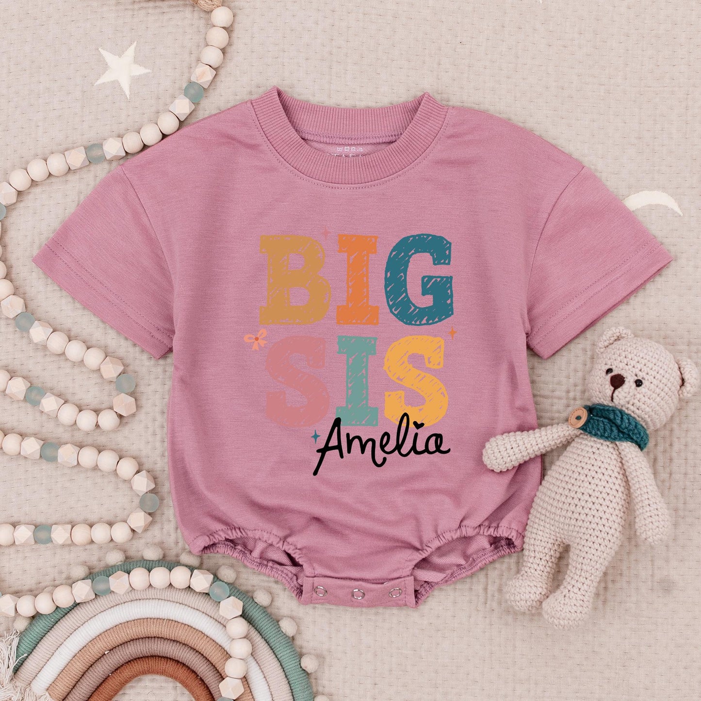 Personalized Big Sis Lil Bro Romper Set, Custom Name Sibling Babysuit, Matching Siblings Gift, Earthy Tones, Star Accents, Zig-Zag Details Hudson Amelia (139 chars)