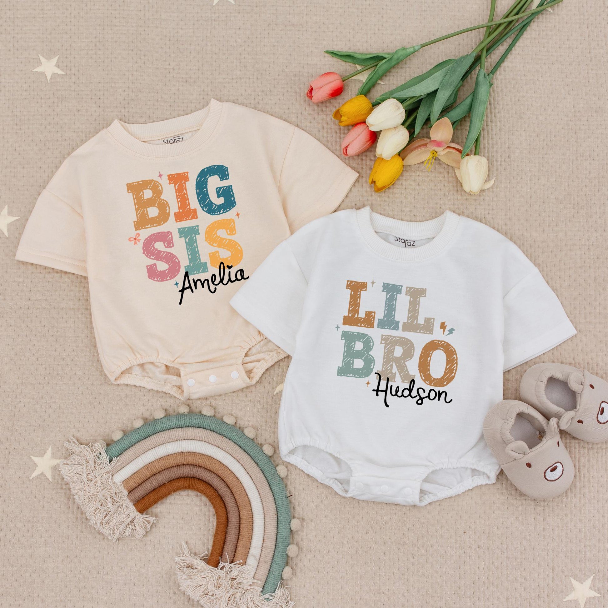 Personalized Big Sis Lil Bro Romper Set, Custom Name Sibling Babysuit, Matching Siblings Gift, Earthy Tones, Star Accents, Zig-Zag Details Hudson Amelia (139 chars)