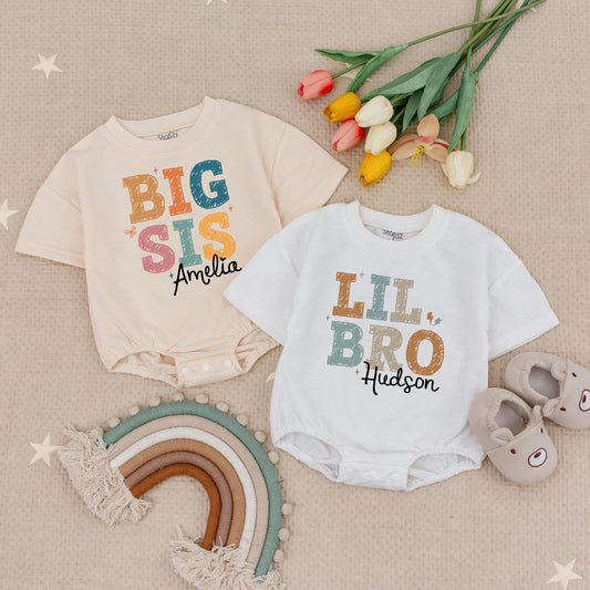 Personalized Big Sis Lil Bro Romper Set, Custom Name Sibling Babysuit, Matching Siblings Gift, Earthy Tones, Star Accents, Zig-Zag Details Hudson Amelia (139 chars)