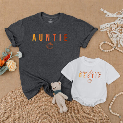 Auntie & Auntie's Bestie Matching Pumpkin Shirts Gradient Autumn Family Thanksgiving Outfits Baby Romper
