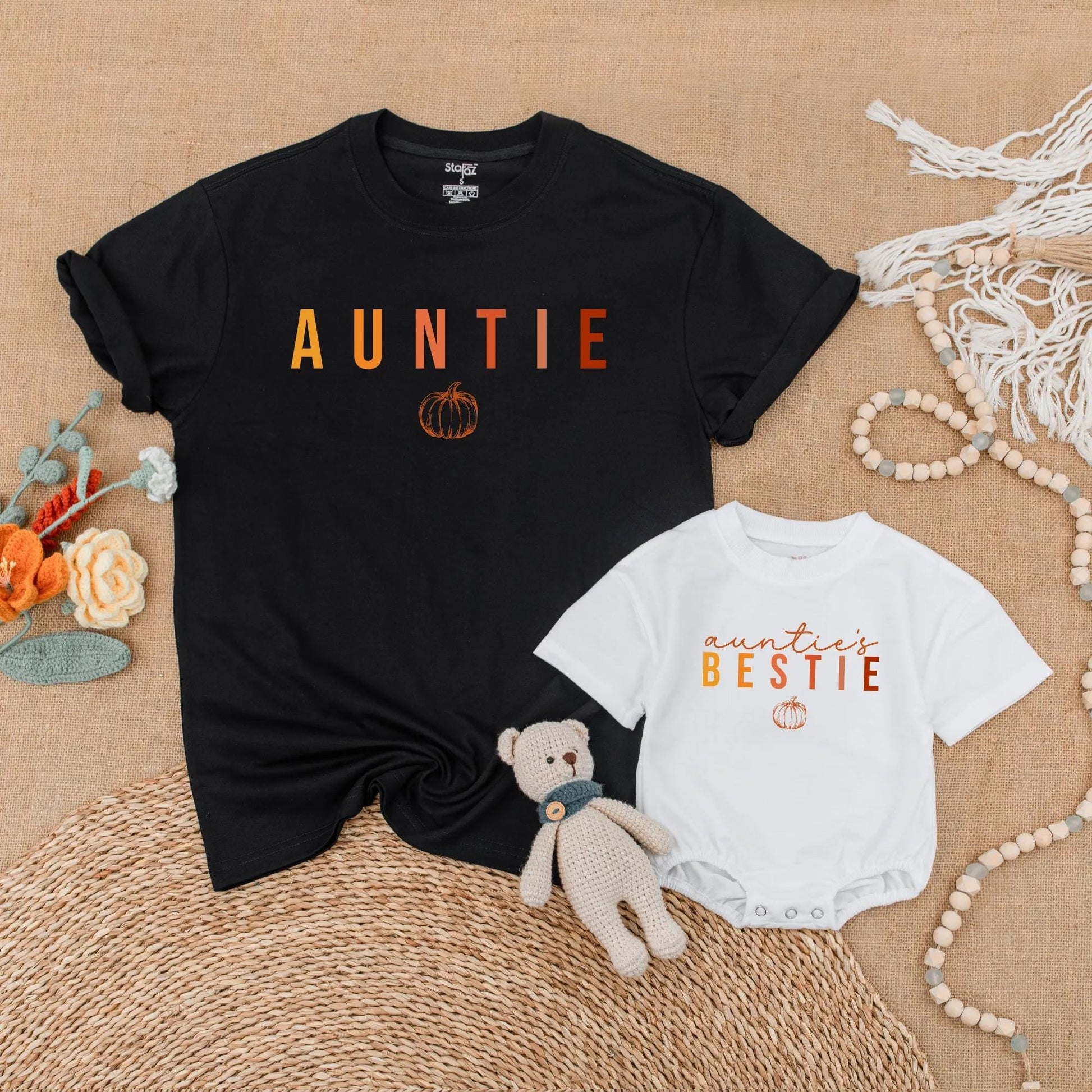 Auntie & Auntie's Bestie Matching Pumpkin Shirts Gradient Autumn Family Thanksgiving Outfits Baby Romper