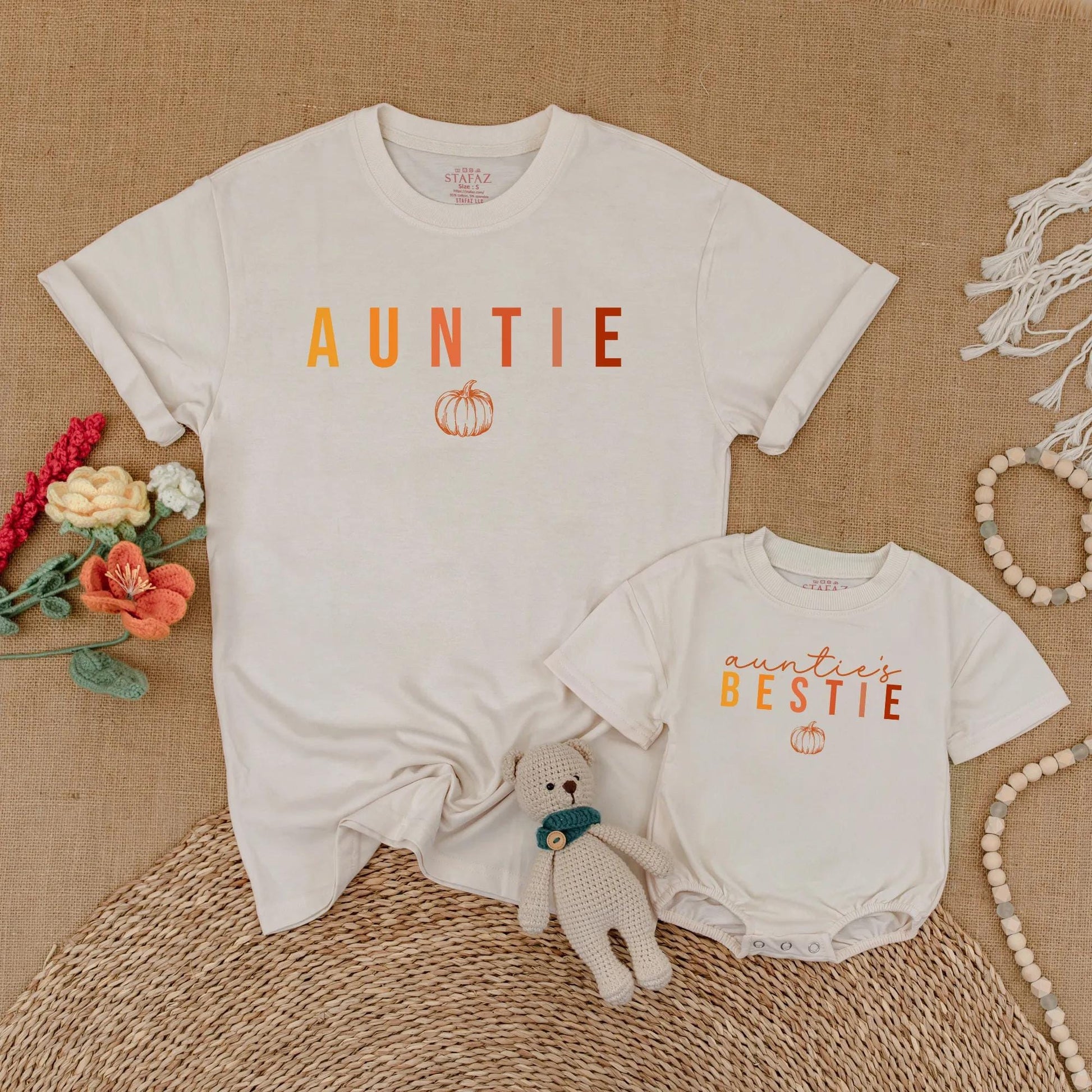 Auntie & Auntie's Bestie Matching Pumpkin Shirts Gradient Autumn Family Thanksgiving Outfits Baby Romper