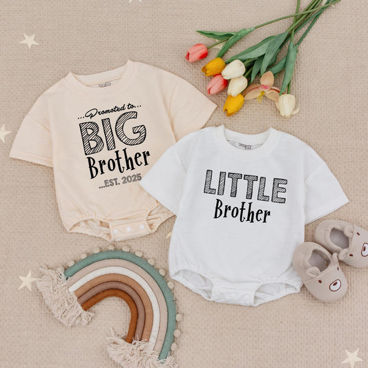 Promoted to Big Brother Est 2025 & Little Brother Baby Romper Set Matching Siblings New Baby Announcement Outfit