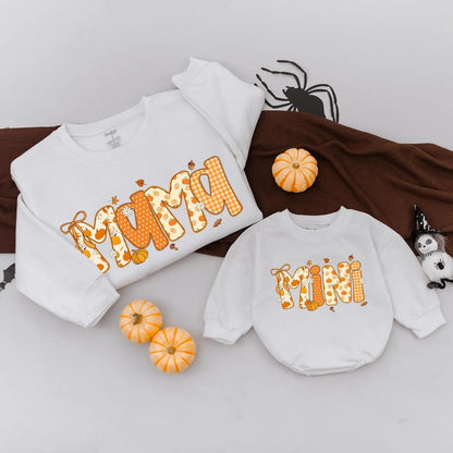 Mama Mini Fall Pumpkin Matching Sweatshirt Autumn Mommy & Me Sweater Thanksgiving Family Outfit Pumpkin Bow Fall Season Thankful Mama