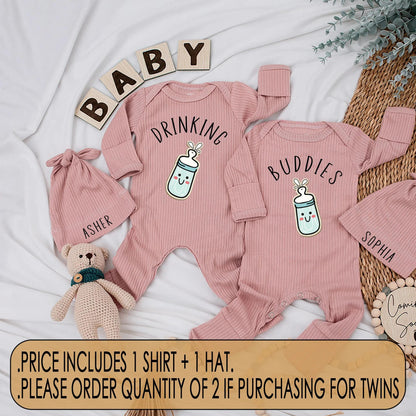 Drinking Buddies Twins Bodysuits Funny Milk Bottle Matching Outfits Personalized Baby Gift Newborn Shower Cute Clothes Cotton Comfortable Baby Shower Gift