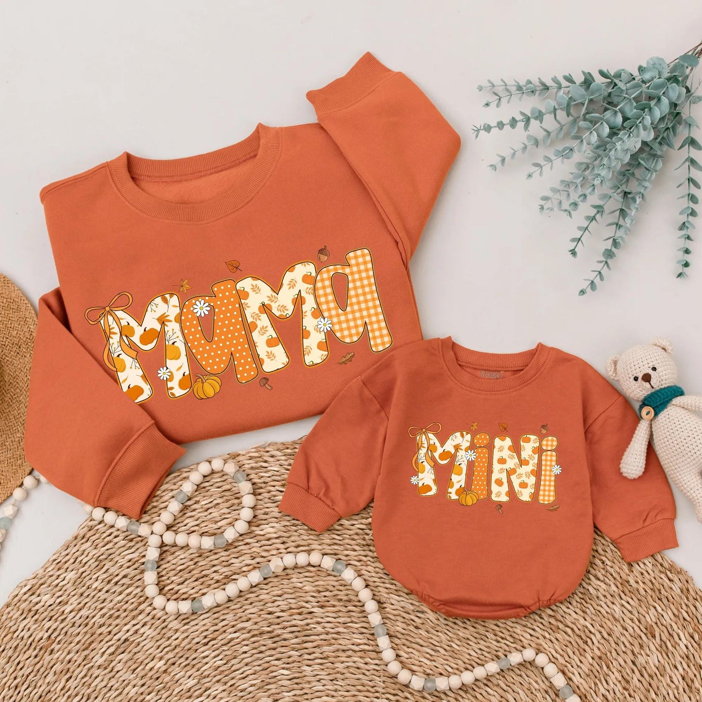 Mama Mini Fall Pumpkin Matching Sweatshirt Autumn Mommy & Me Sweater Thanksgiving Family Outfit Pumpkin Bow Fall Season Thankful Mama