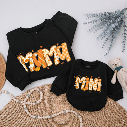 Mama Mini Fall Pumpkin Matching Sweatshirt Autumn Mommy & Me Sweater Thanksgiving Family Outfit Pumpkin Bow Fall Season Thankful Mama