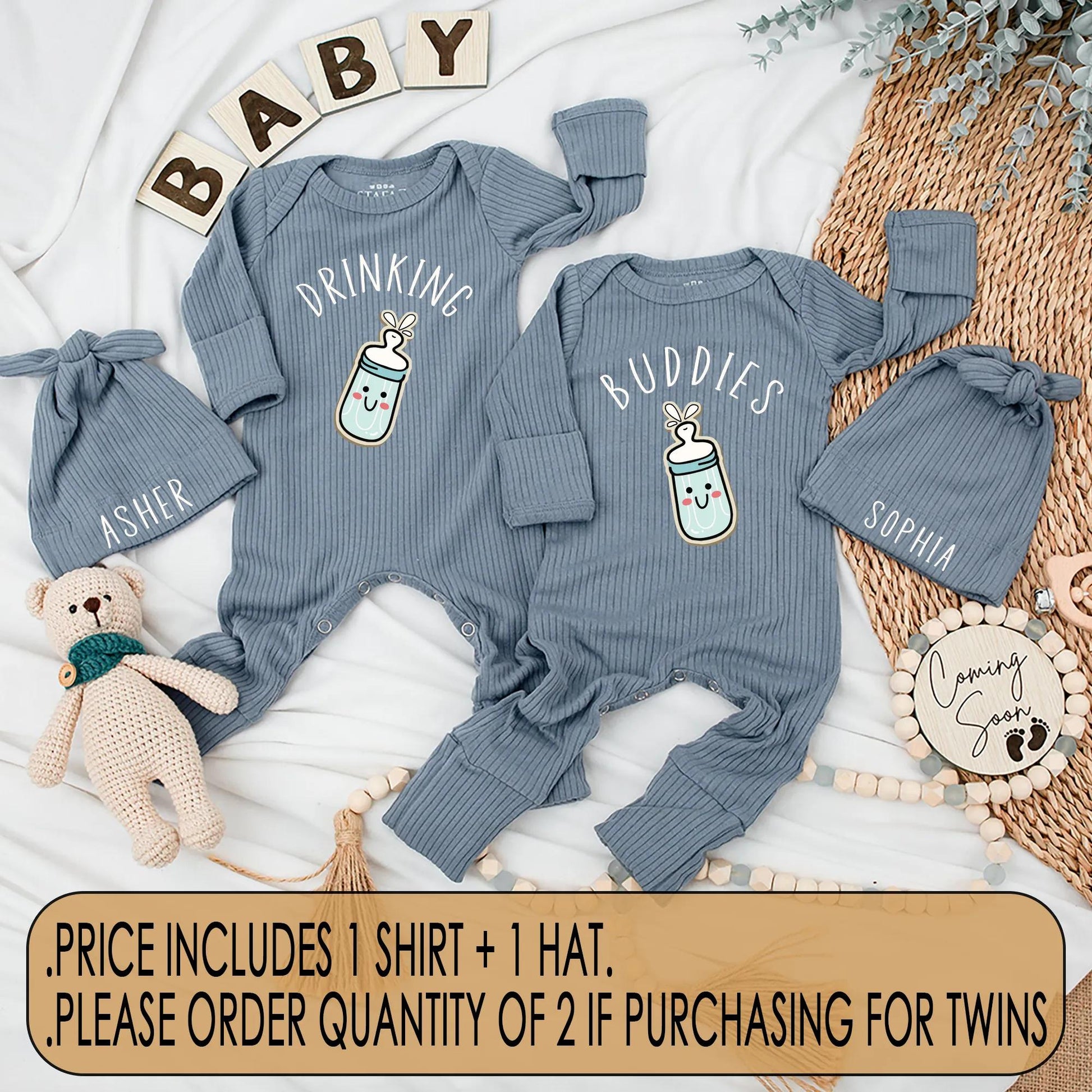 Drinking Buddies Twins Bodysuits Funny Milk Bottle Matching Outfits Personalized Baby Gift Newborn Shower Cute Clothes Cotton Comfortable Baby Shower Gift