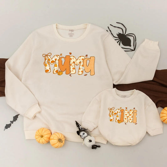 Mama Mini Fall Pumpkin Matching Sweatshirt Autumn Mommy & Me Sweater Thanksgiving Family Outfit Pumpkin Bow Fall Season Thankful Mama
