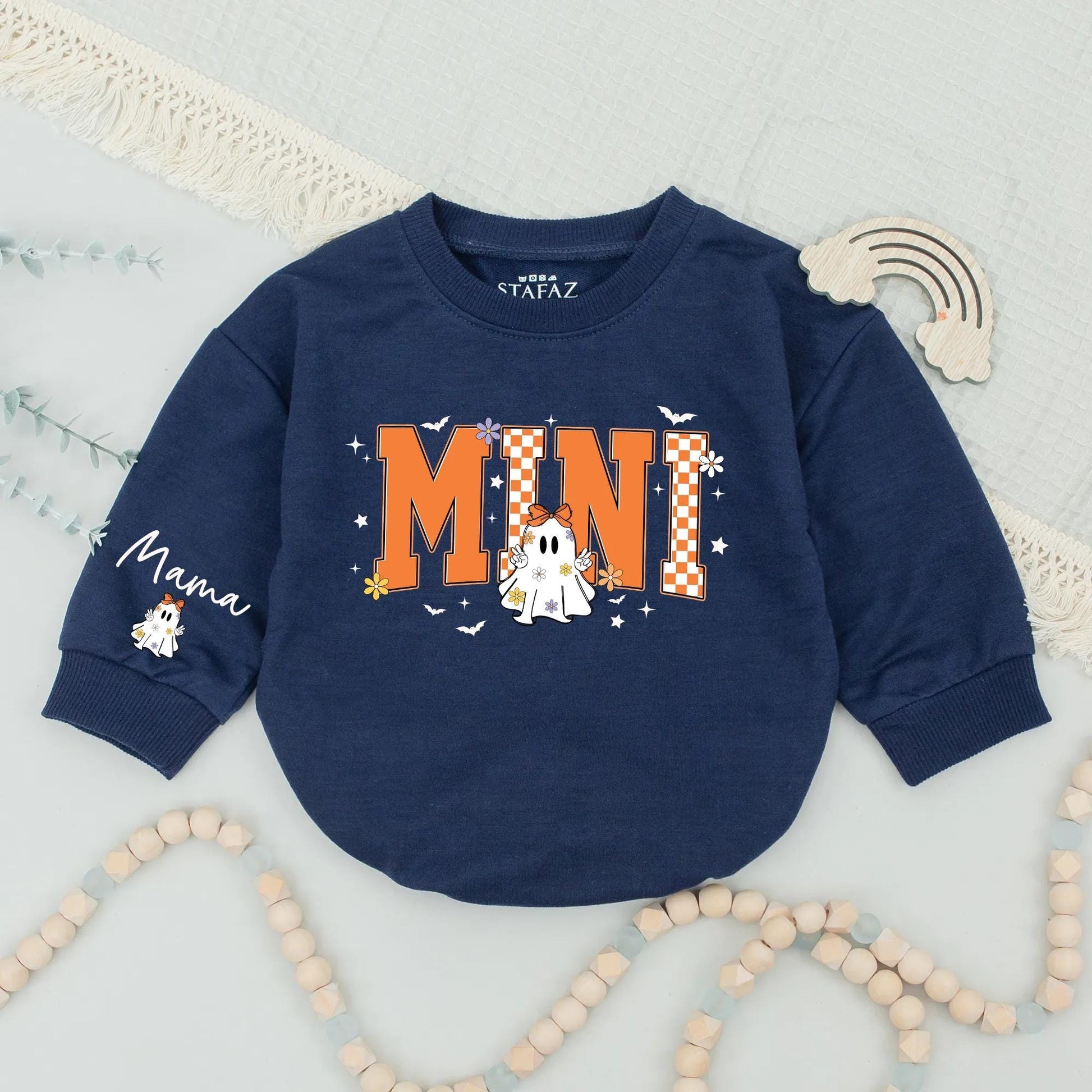 Retro Halloween Matching Mama Mini Sweatshirts, Personalized Family Ghost Sweaters, Checkerboard Fall Outfits, Custom Name Mommy and Me, Spooky Season (139)