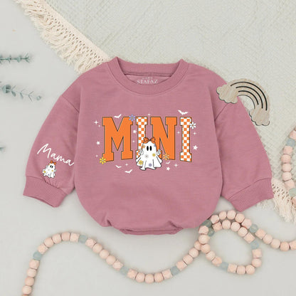 Retro Halloween Matching Mama Mini Sweatshirts, Personalized Family Ghost Sweaters, Checkerboard Fall Outfits, Custom Name Mommy and Me, Spooky Season (139)
