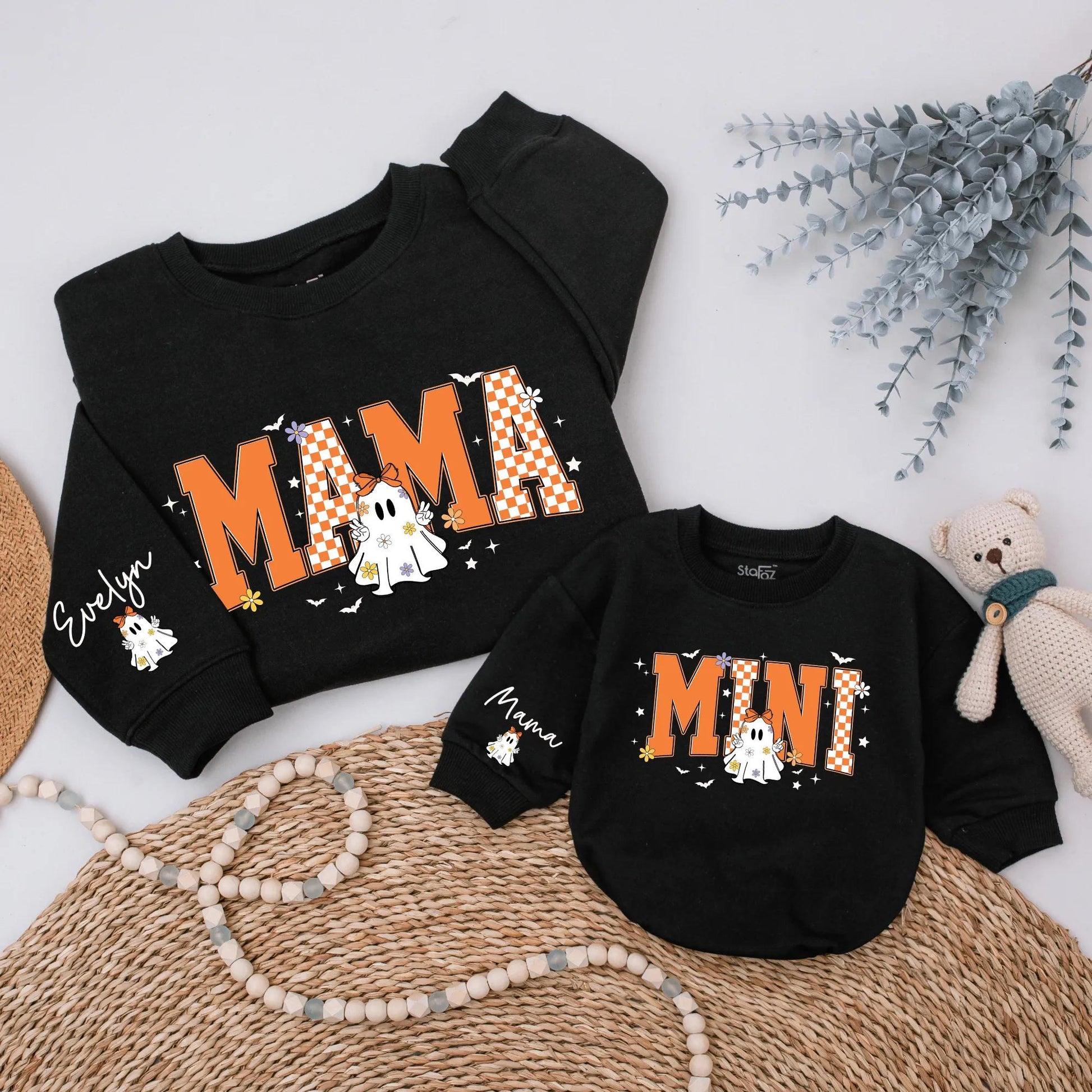 Retro Halloween Matching Mama Mini Sweatshirts, Personalized Family Ghost Sweaters, Checkerboard Fall Outfits, Custom Name Mommy and Me, Spooky Season (139)