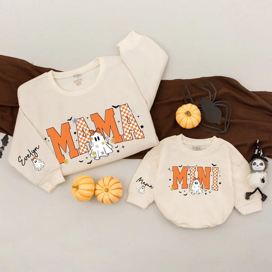 Retro Halloween Matching Mama Mini Sweatshirts, Personalized Family Ghost Sweaters, Checkerboard Fall Outfits, Custom Name Mommy and Me, Spooky Season (139)