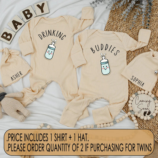 Drinking Buddies Twins Bodysuits Funny Milk Bottle Matching Outfits Personalized Baby Gift Newborn Shower Cute Clothes Cotton Comfortable Baby Shower Gift
