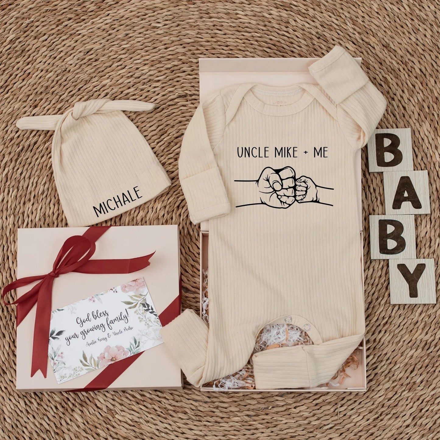 Custom Uncle + Me Fist Bump Baby Bodysuit, Funny Newborn Nephew Romper Outfit, First Time Uncle Shower Gift