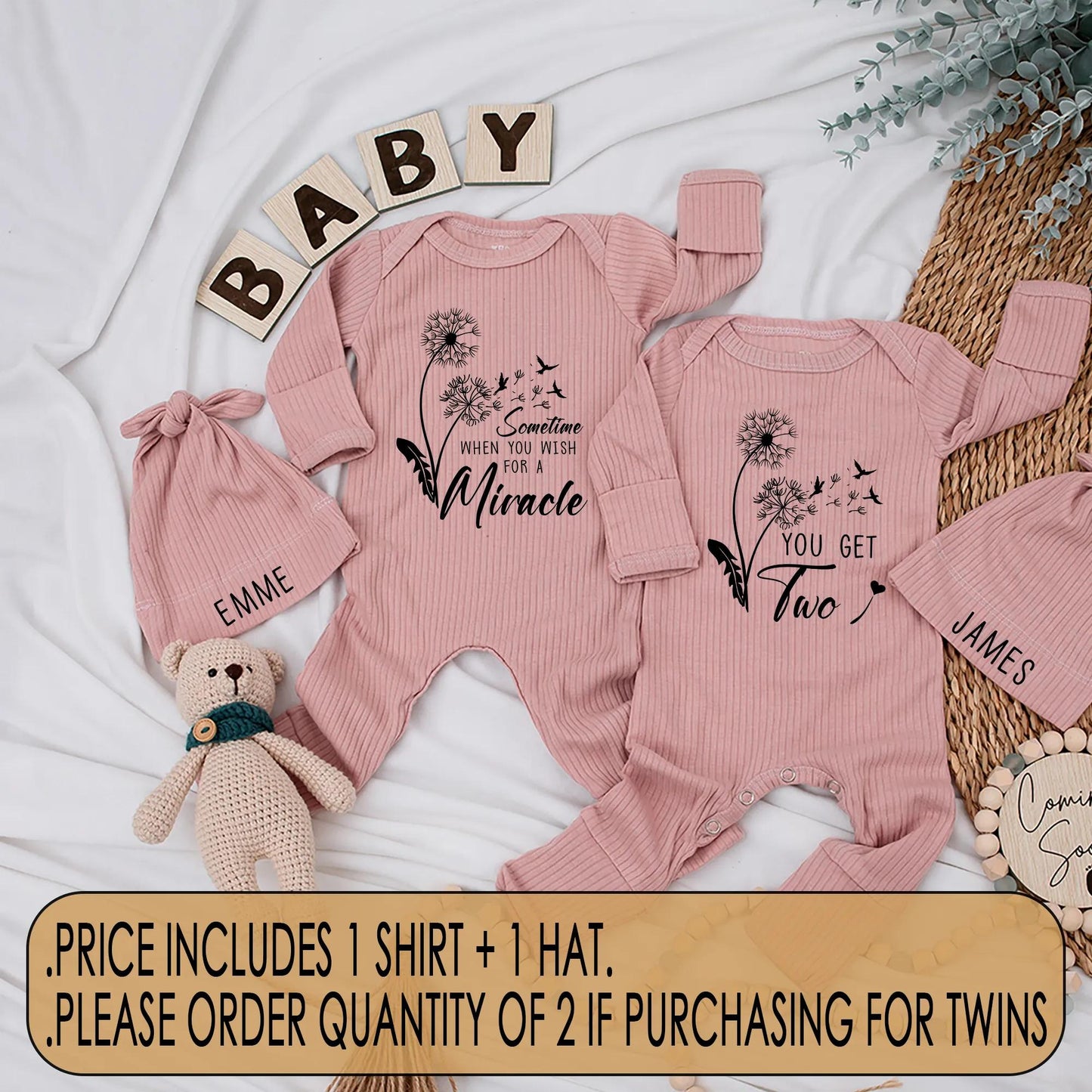 Sometime When You Wish for a Miracle You Get Two Personalized Twin Baby Bodysuit Dandelion Floral Newborn Coming Home Outfit Custom Name Baby Shower Gift