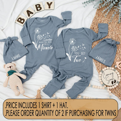 Sometime When You Wish for a Miracle You Get Two Personalized Twin Baby Bodysuit Dandelion Floral Newborn Coming Home Outfit Custom Name Baby Shower Gift