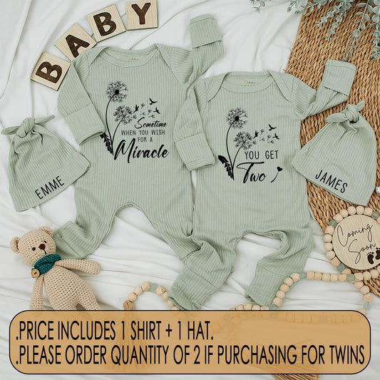 Sometime When You Wish for a Miracle You Get Two Personalized Twin Baby Bodysuit Dandelion Floral Newborn Coming Home Outfit Custom Name Baby Shower Gift