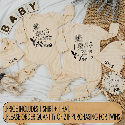 Sometime When You Wish for a Miracle You Get Two Personalized Twin Baby Bodysuit Dandelion Floral Newborn Coming Home Outfit Custom Name Baby Shower Gift