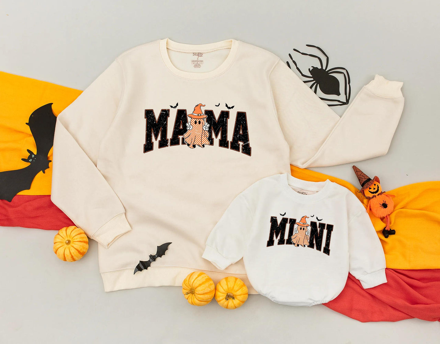 Retro Halloween Mommy and Me Matching Sweatshirts with Cheerful Checkered Ghost & Bats, Spooky Season Fall Family Outfit for My 1st Halloween