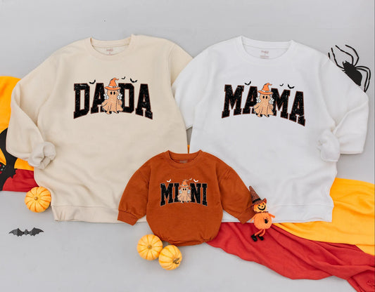 Retro Halloween Mommy and Me Matching Sweatshirts with Cheerful Checkered Ghost & Bats, Spooky Season Fall Family Outfit for My 1st Halloween